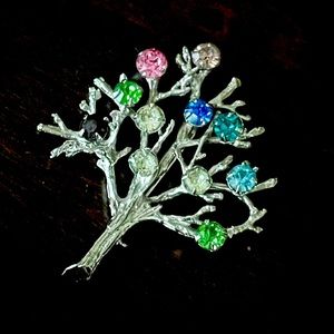 Vintage Sterling Silver Tree Of Life Brooch - Multicolored Rhinestones Lapel Pin